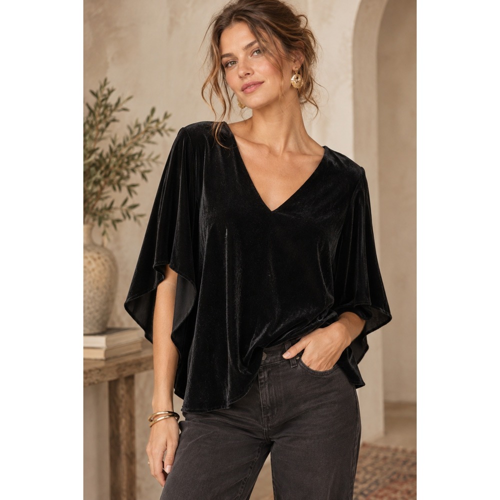 Anna Cate Velvet V-Neck Top Women XS Draped Sleeve Black Pullover Blouse